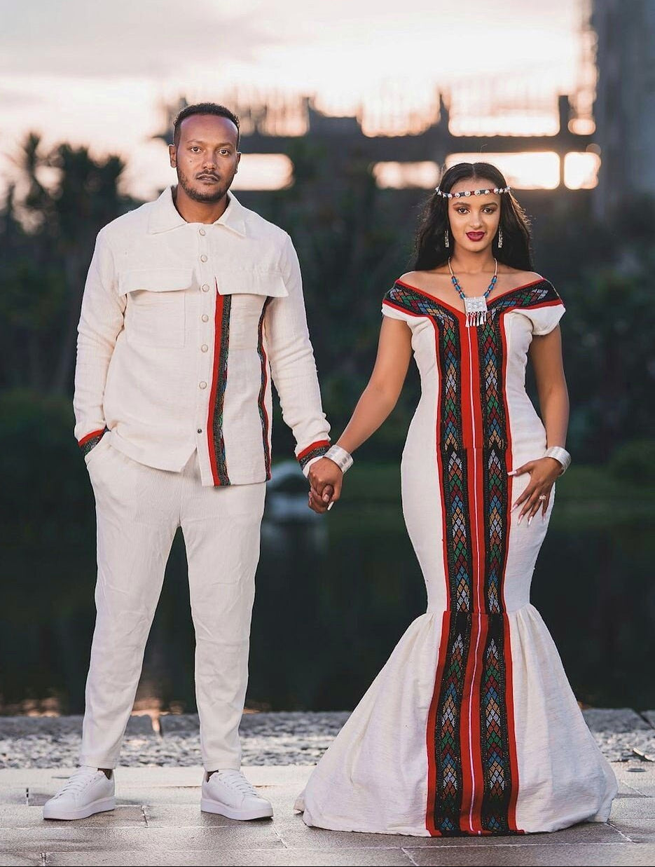Cultural Oromo Couples' Outfit With Accessories Oromo Dress Design ሀበሻ ቀሚስ ሀበሻ ልብስ