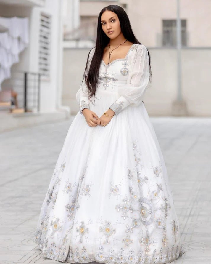 Handwoven Modern Ethiopian Wedding Dress: Majestic Silver Embellishments Habesha Wedding Dress XL