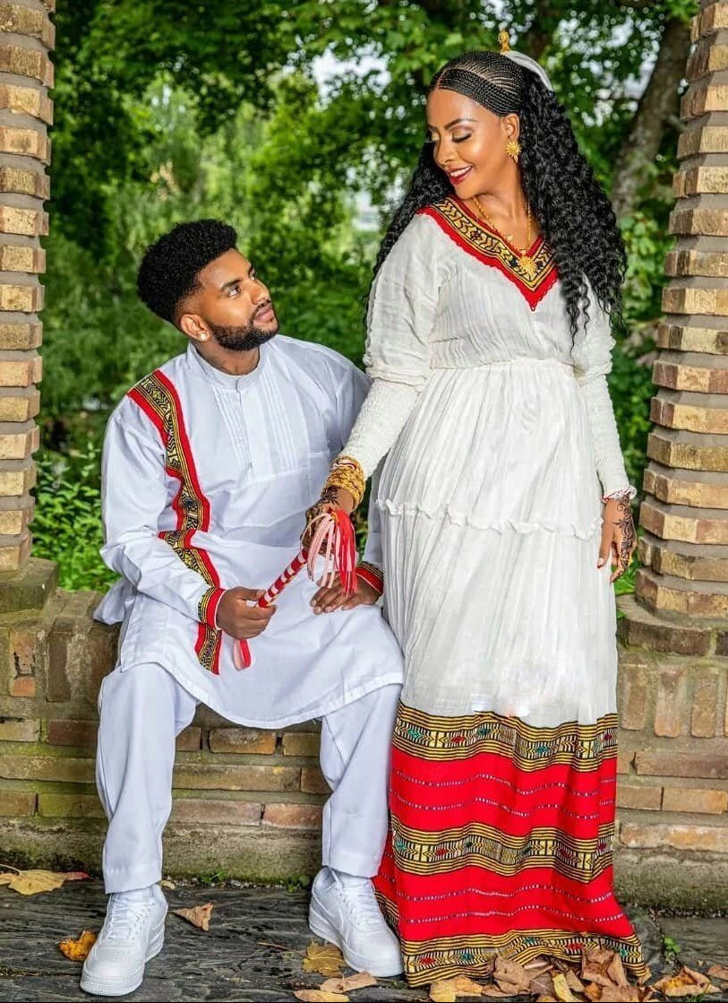 Timeless Red Design Handwoven Habesha Couples' Outfit Ethiopian dress ሀበሻ es00130