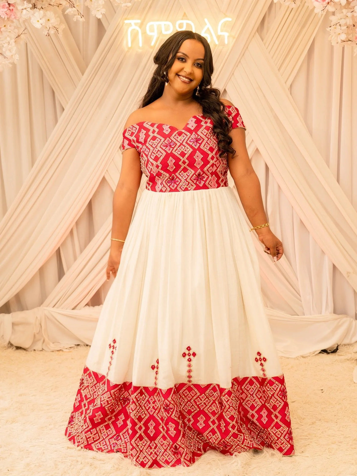 Off-Shoulder Habesha Dress Red Embroidery Ethiopian Wedding Dress Short Sleeve Habesha Kemis 658
