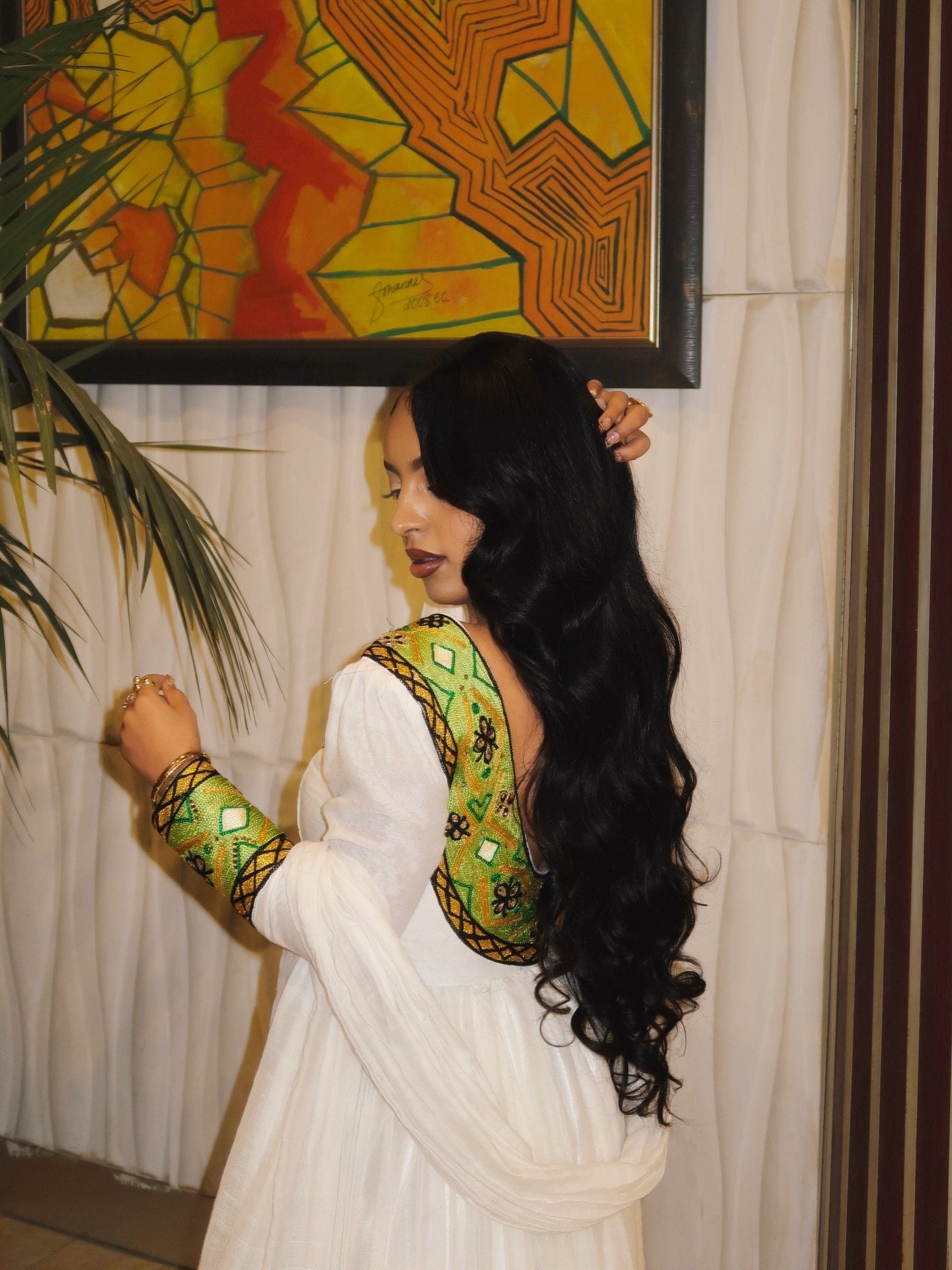 Golden And Green Embroidery Ethiopian Clothing Long Sleeve Habesha Kemis Festive Habesha Dress 716