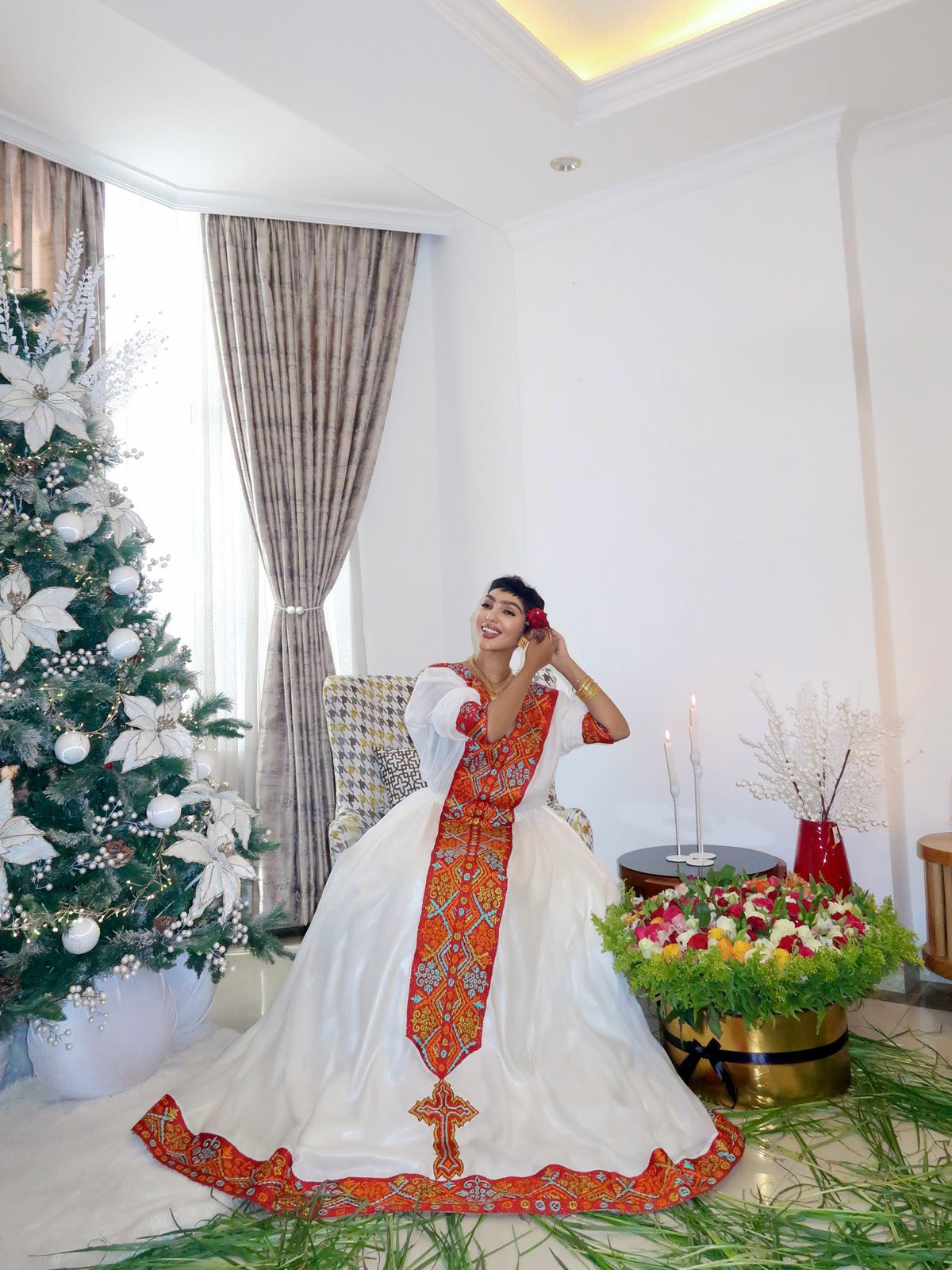Ivory Gown with Red Embroidery Habesha Kemis Traditional Ethiopian Dress Flowing Design Habesha Dress 430
