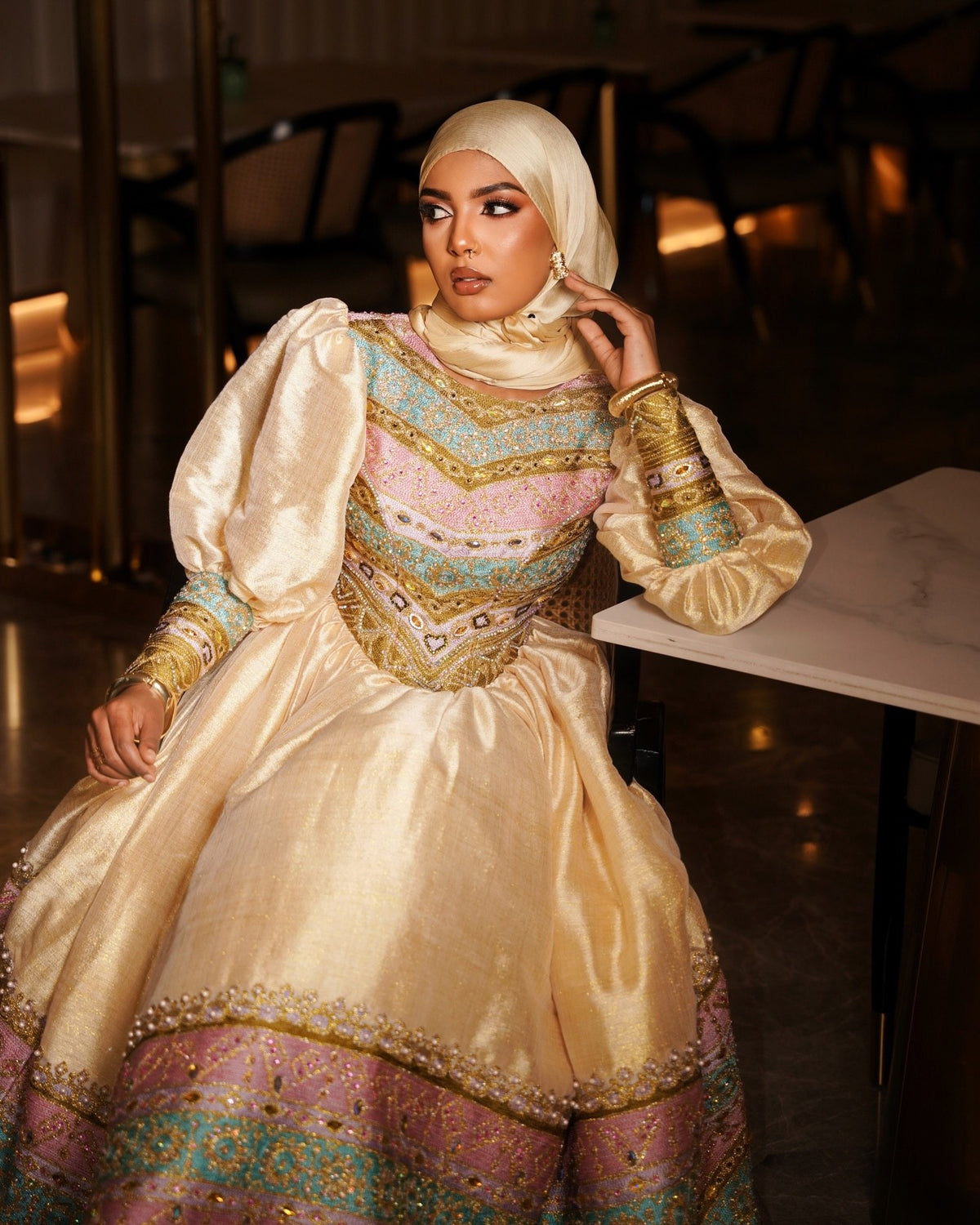 Puff Sleeve Habesha Dress Multicolor Embroidery Habesha Kemis Ethiopian Wedding Dress Style 638