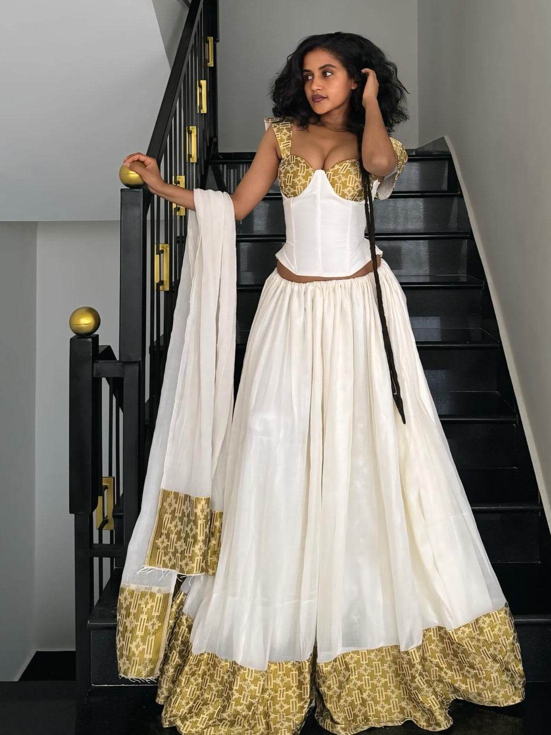 Ethiopian Clothing Gold Woven Habesha Kemis & Short Sleeve Habesha Dress For Festive 750