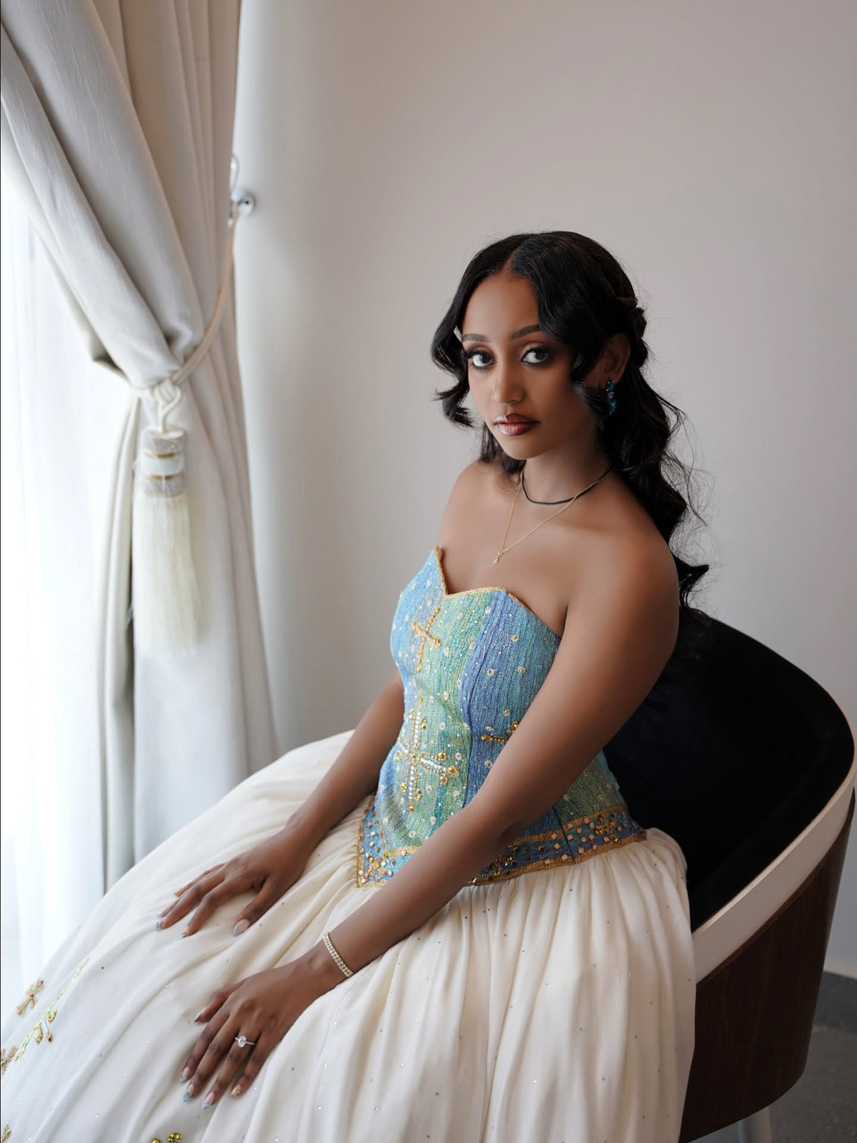 Traditional Ethiopian Wedding Dress Stylish Eritrean Dress Green and Blue Cultural Embroidery Habesha Kemis 764