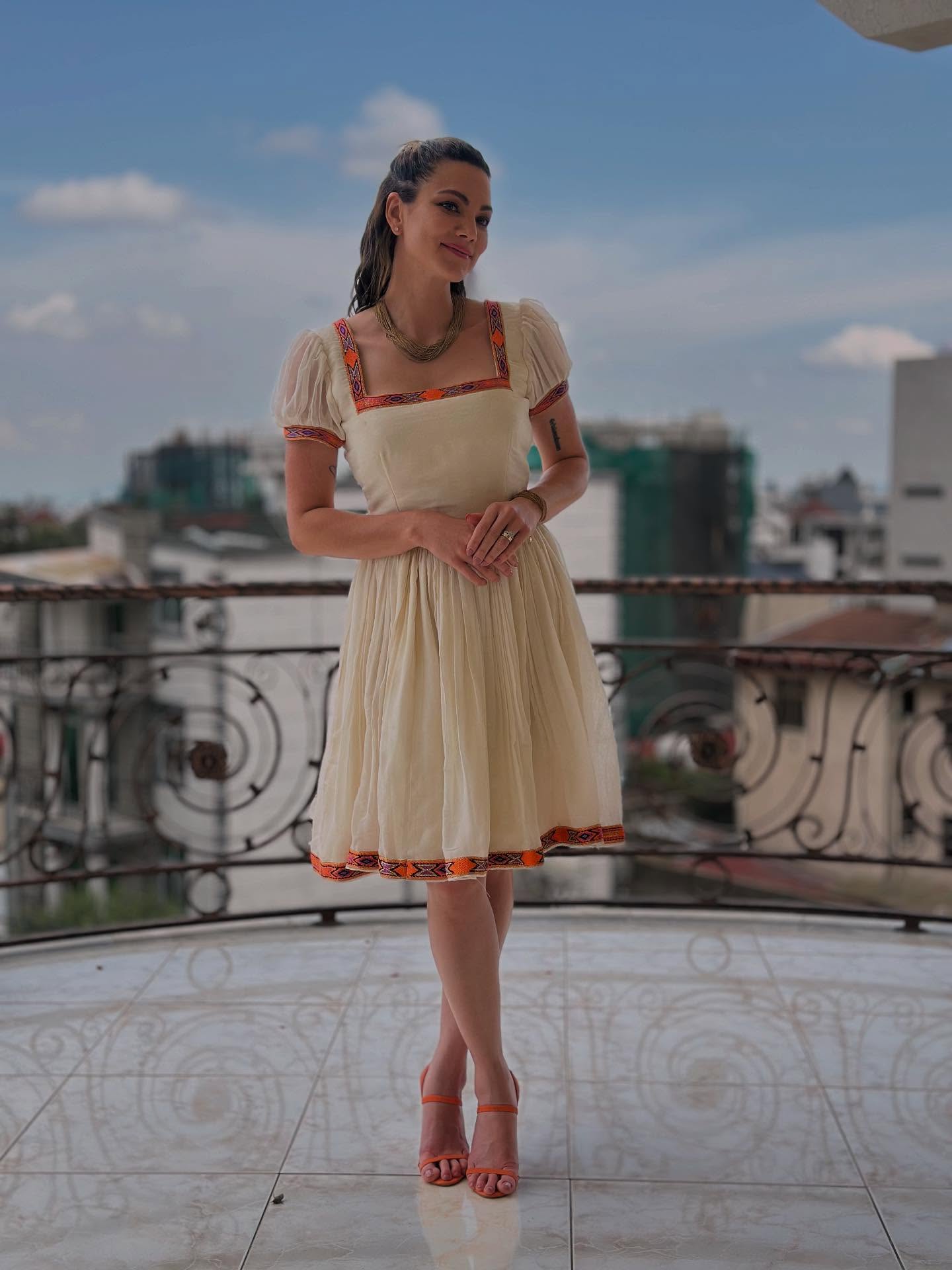 Elegant Ethiopian Traditional Dress with Handwoven Borders – Cream & Orange Accents XS