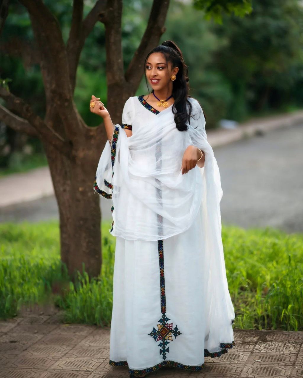 Minimalist White Habesha Dress Traditional Ethiopian Clothing with Cross Design XS