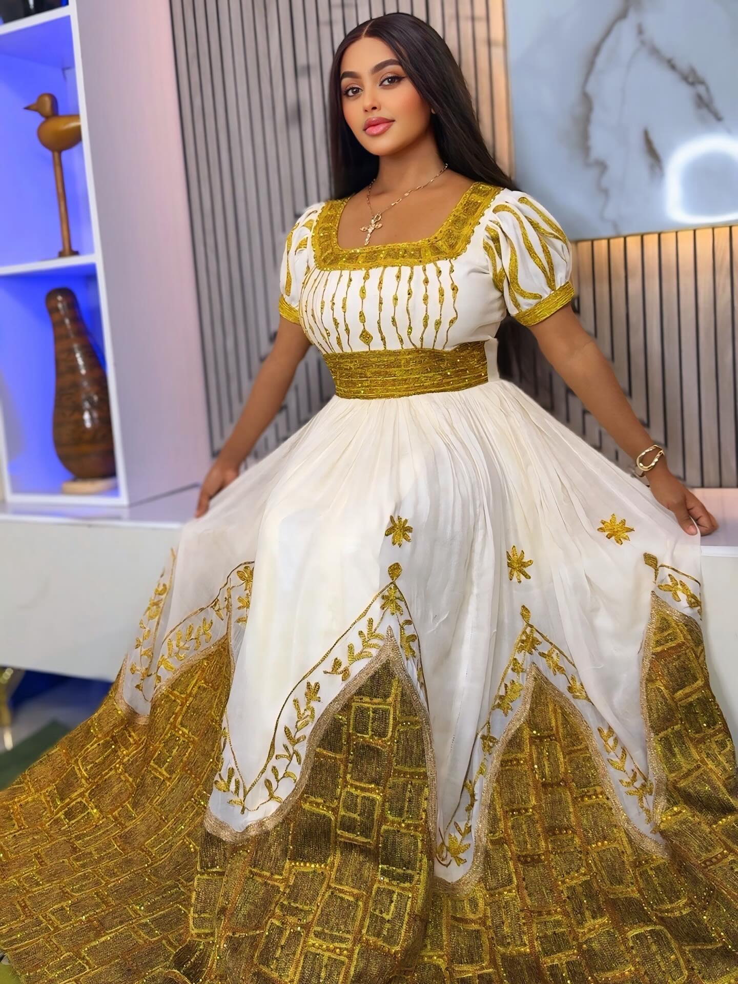 gold ethiopian dress Elegant Habesha Kemis with Golden Embroidery Wedding Size:7Y/8Y