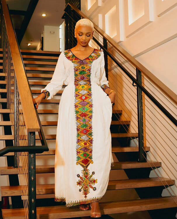 White Long-Sleeve Traditional Ethiopian Dress With Colorful Embroidery Design