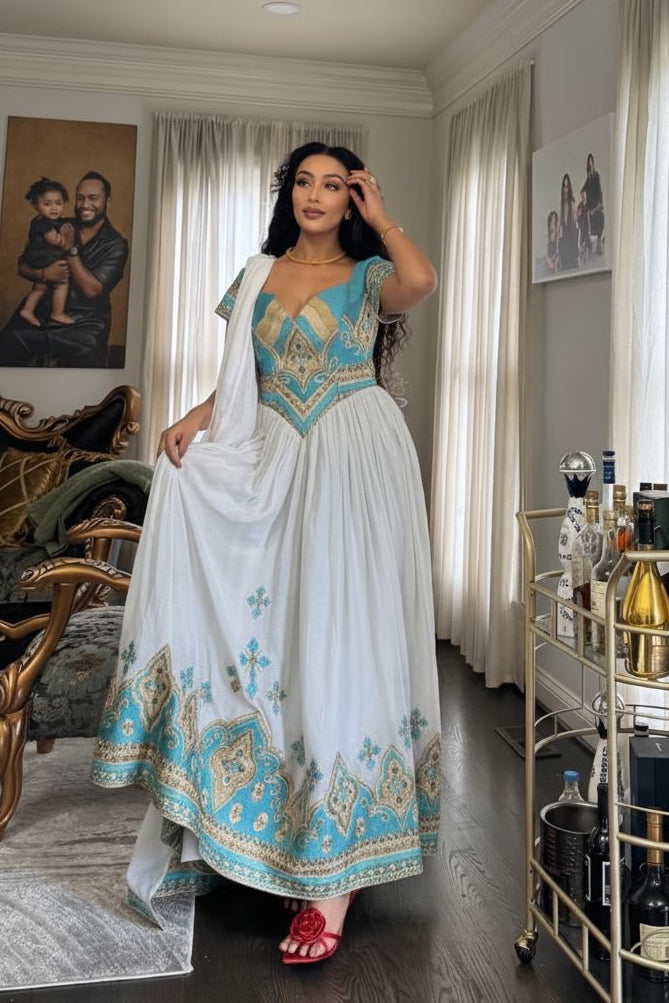 White and Turquoise Embroidery Habesha Kemis Elegant Habesha Dress Traditional Ethiopian Dress M