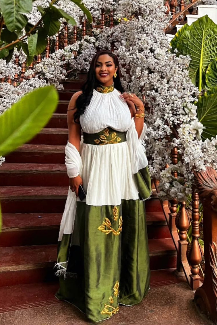 White and Green Habesha Dress with Gold Embroidery Traditional Ethiopian Style