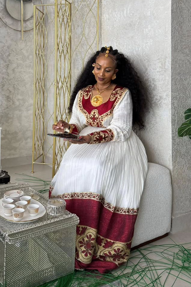 Burgundy and Gold Woven Long Sleeve Habesha Dress
