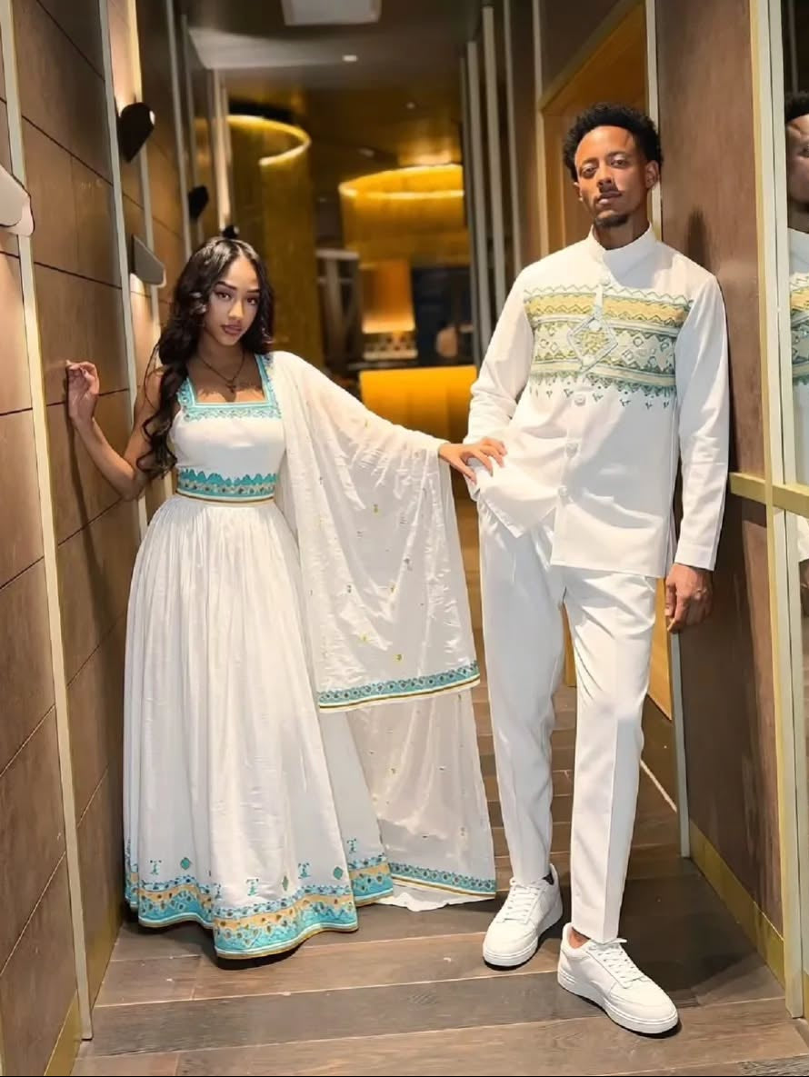 White Habesha Couple Outfit with Hand Woven Design