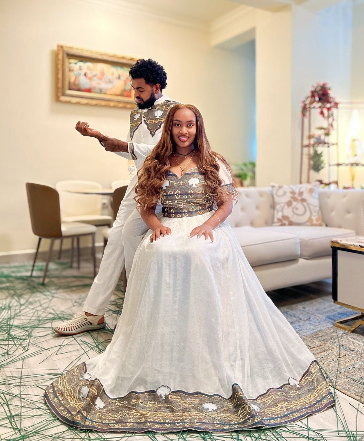Matching Ethiopian Couple Outfit with Handwoven Details