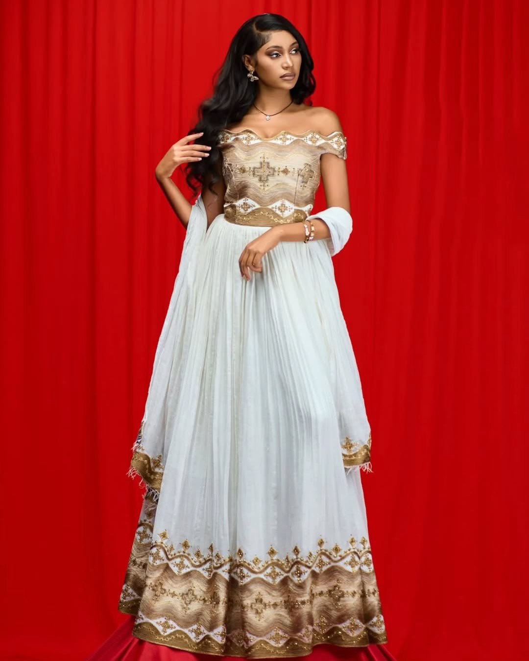Off Shoulder Ethiopian Wedding Dress Habesha Kemis with Traditional Embroidery Graceful Habesha Dress 623