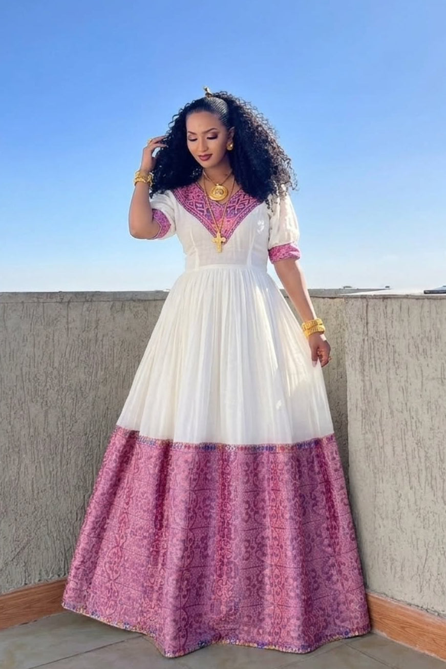 Pink Woven Ethiopian Dress Habesha Kemis Online