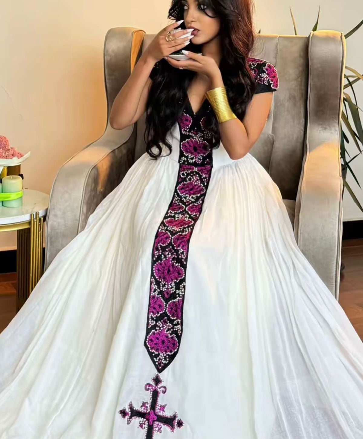 Ethiopian Clothing For Event Black & Purple Habesha Kemis Short Sleeve Habesha Dress Online 752