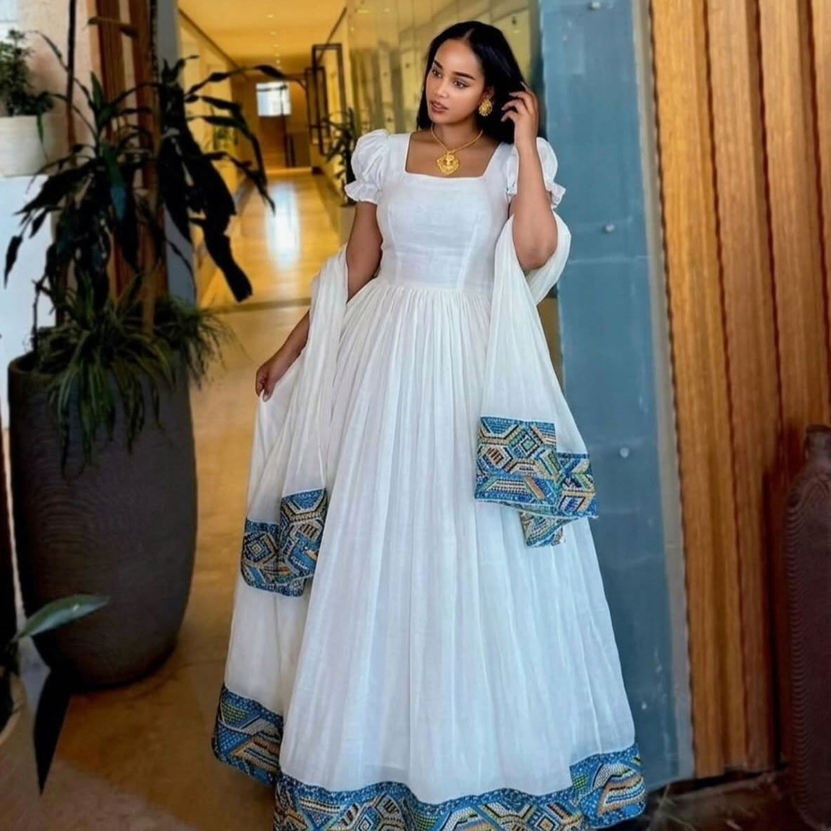 Puff Sleeve Ethiopian Clothing Blue Embroidered Short Sleeve Habesha Kemis & Habesha Dress 756