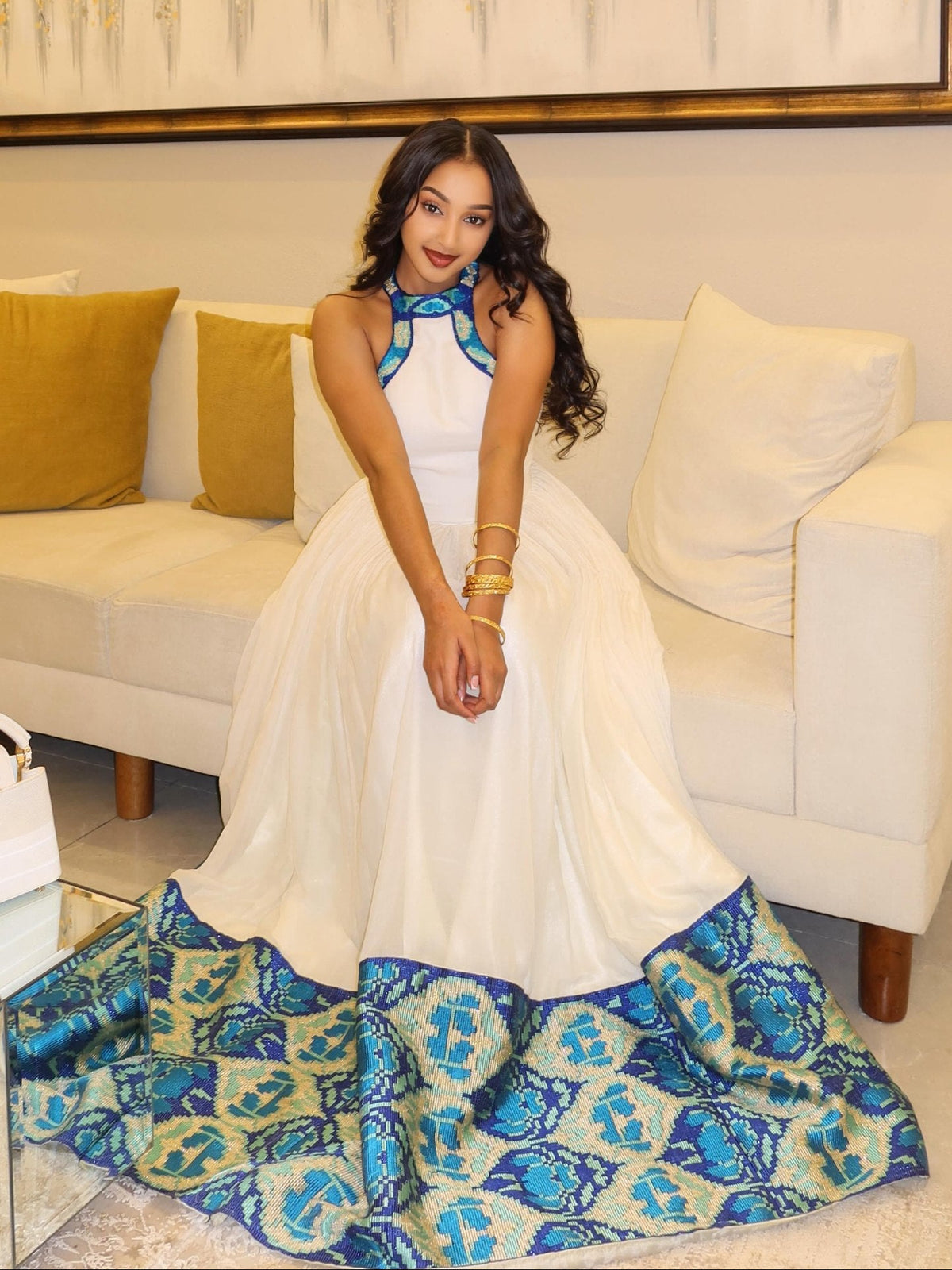 Blue Embroidered Ethiopian Clothing Sleeveless Habesha Kemis & Elegant Habesha Dress 870