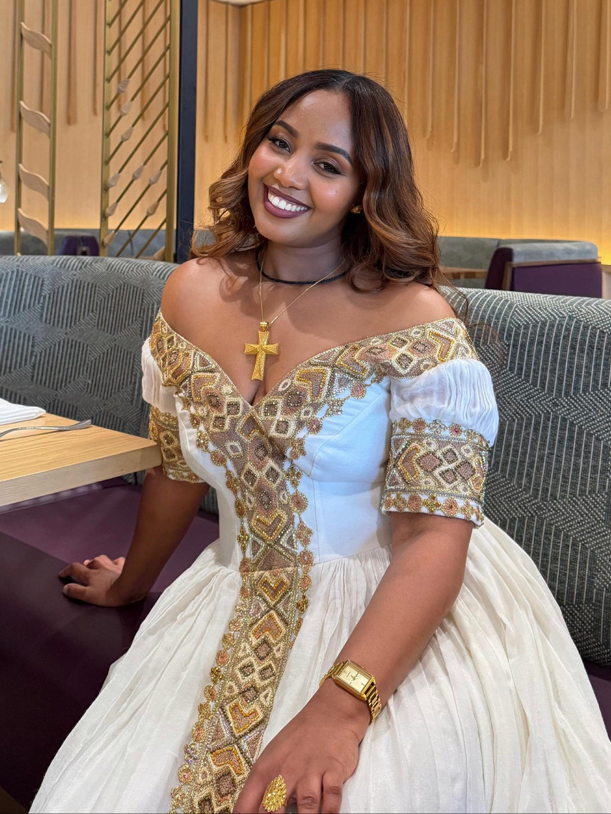Golden Grace Ethiopian Clothing Off-Shoulder Habesha Kemis Short Sleeve Habesha Dress 885