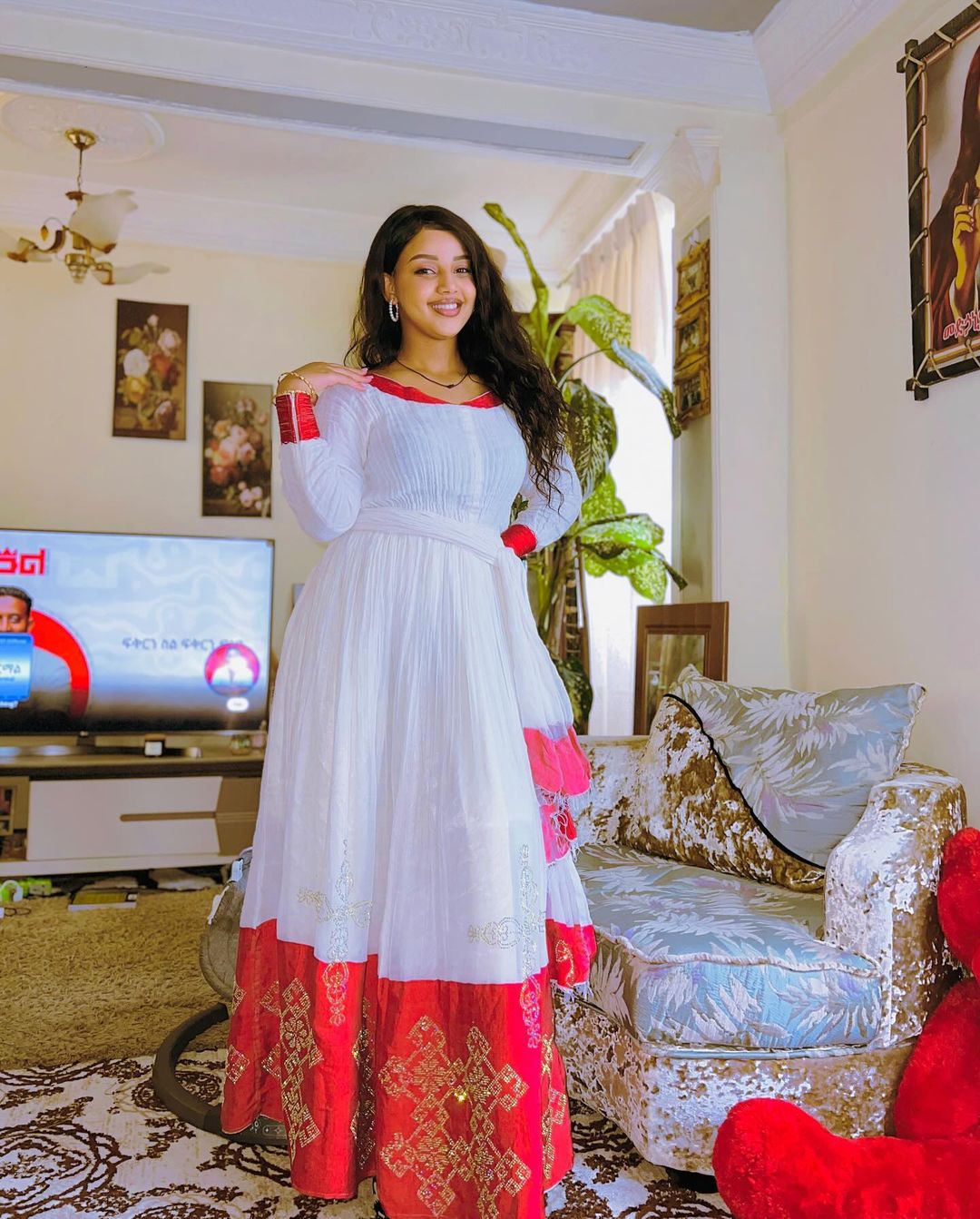 Regal radiance menen fabric habesha dress with golden cross details habesha kemis