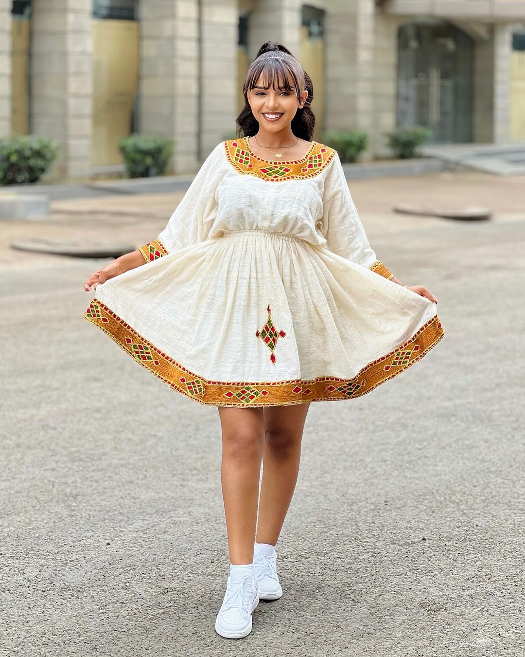 Short Habesha Dress Beige Fabric with Golden Brown Ethiopian Dress Design