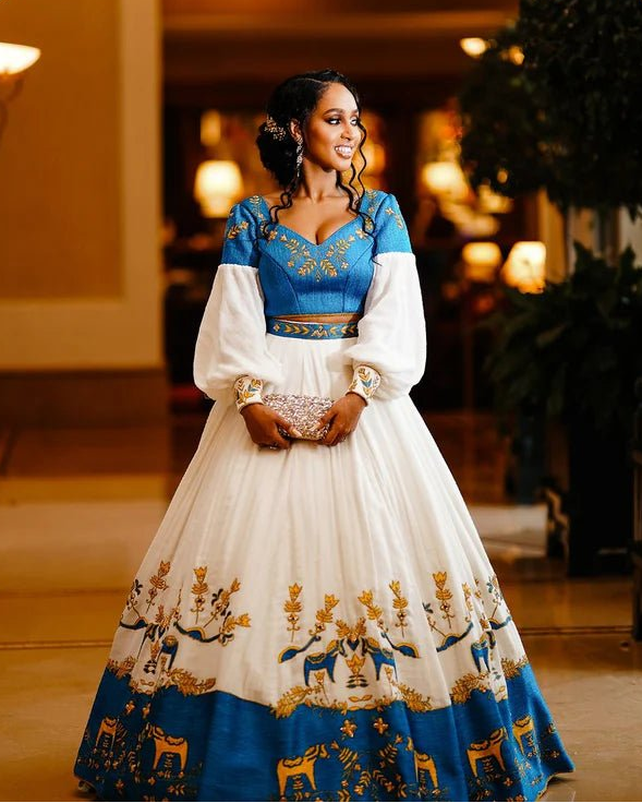 blue embroidered wedding dress Ethereal Elegance with Traditional Ethiopian Dress: Golde – TheEthiopianStore Length:80cm/31.5