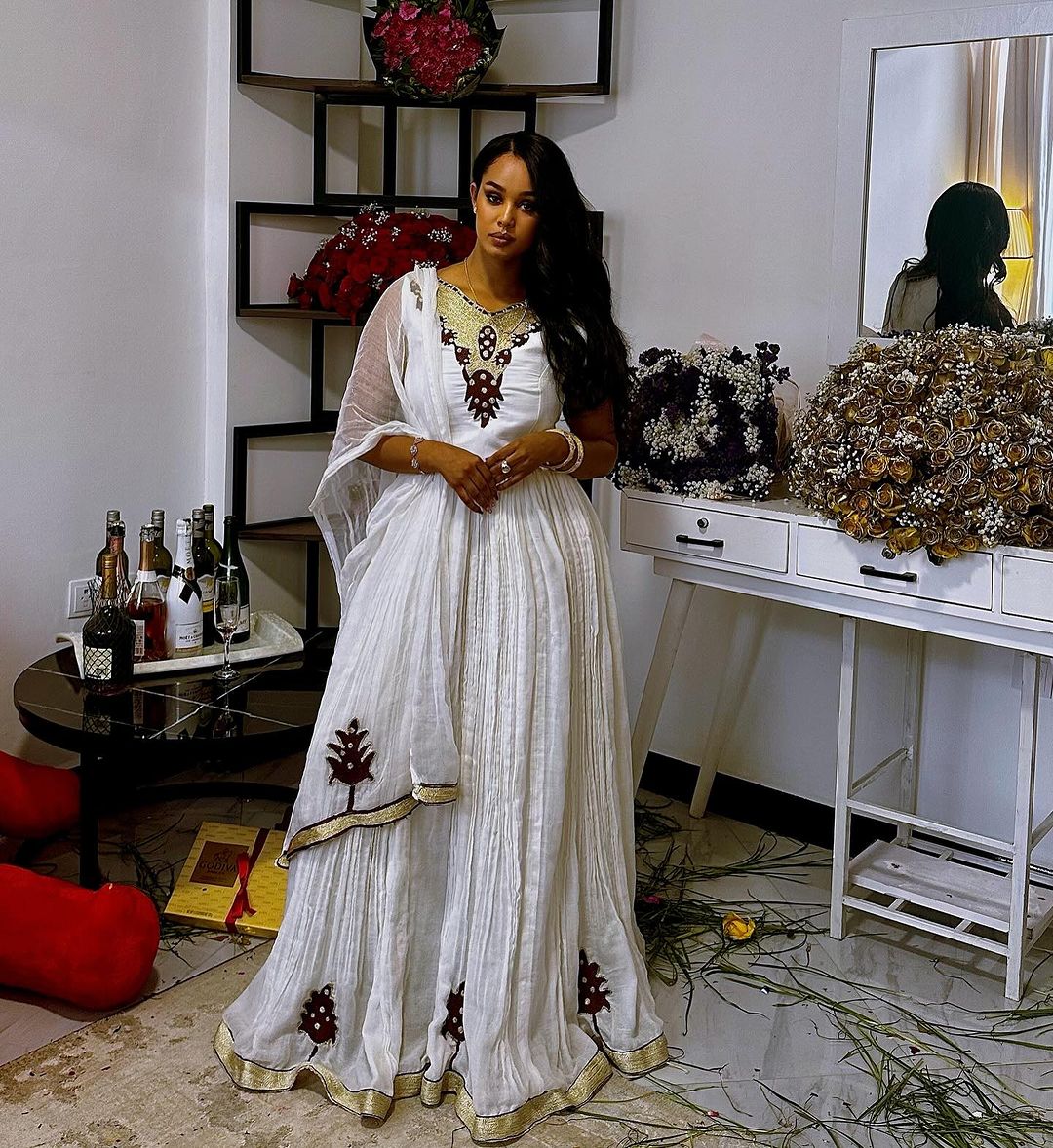 Radiant Elegance Golden Design Habesha Dress Modern Habesha Kemis Ethiopian Dress Style M