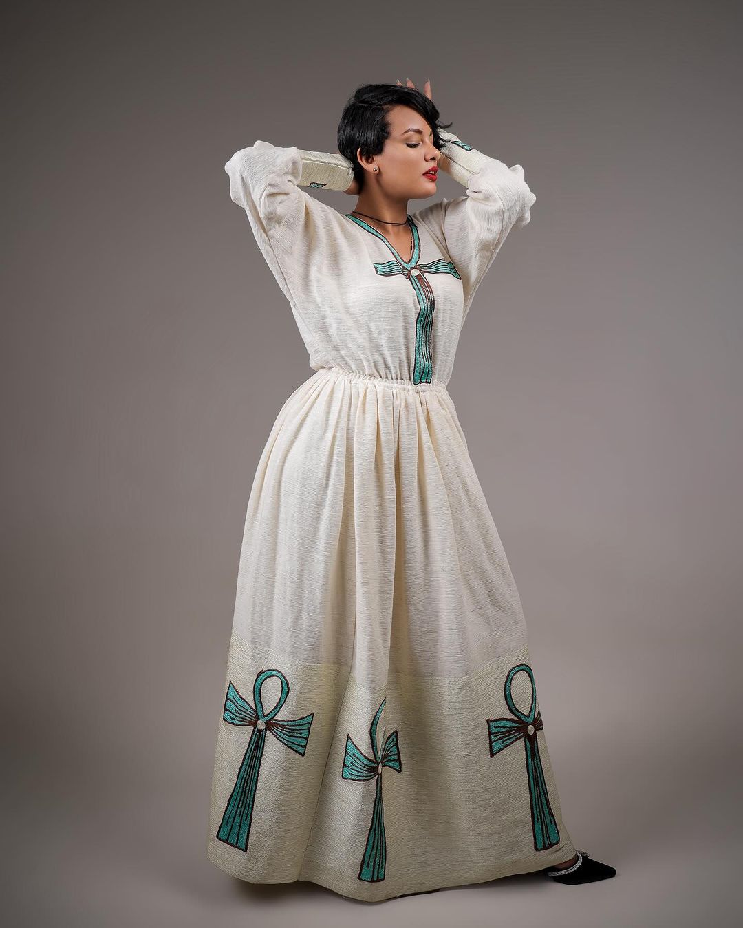 Simple Beige Habesha Dress Blue Cross Design Ethiopian Wear
