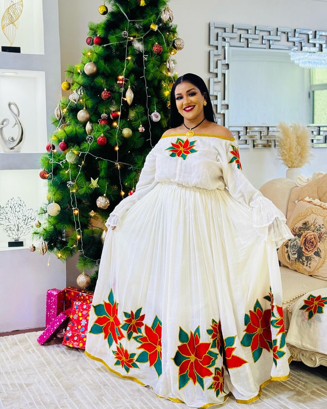 Red Flower Design Habesha Dress Habesha Kemis Ethiopian Dress Style Traditional Habesha Libs XXL