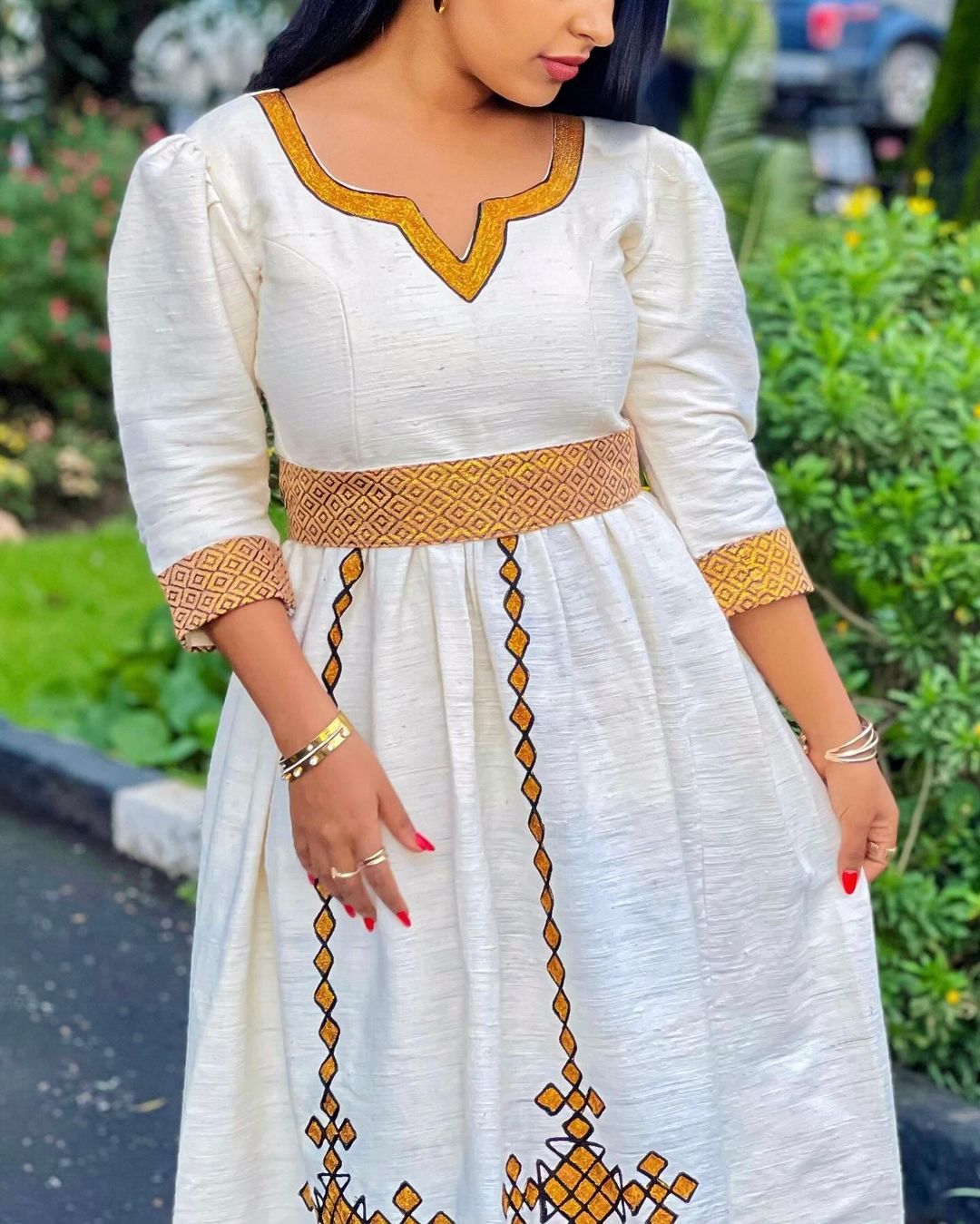 Beige Ethiopian Dress Simple Everyday Wear with Gold Tibeb Embroidery