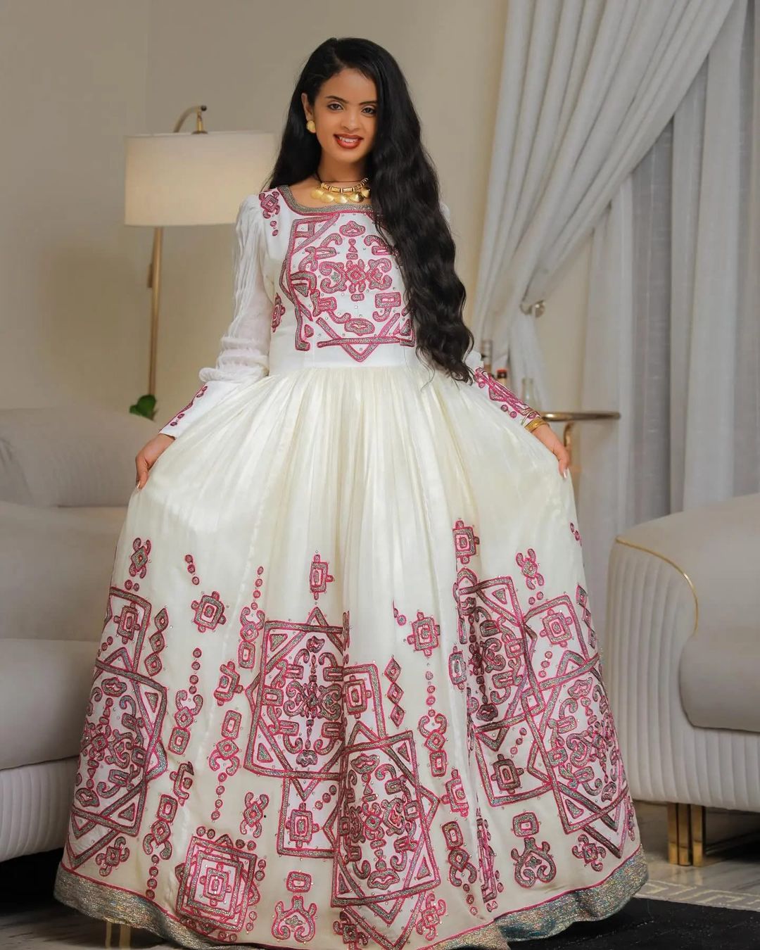modern ethiopian dresses Pink Stunning Wedding Habesha Dress Habesha Kemis Traditional Dress Style S Long Sleeve Prom Dresses For a perfect fit Size 14.5 Size:6UK