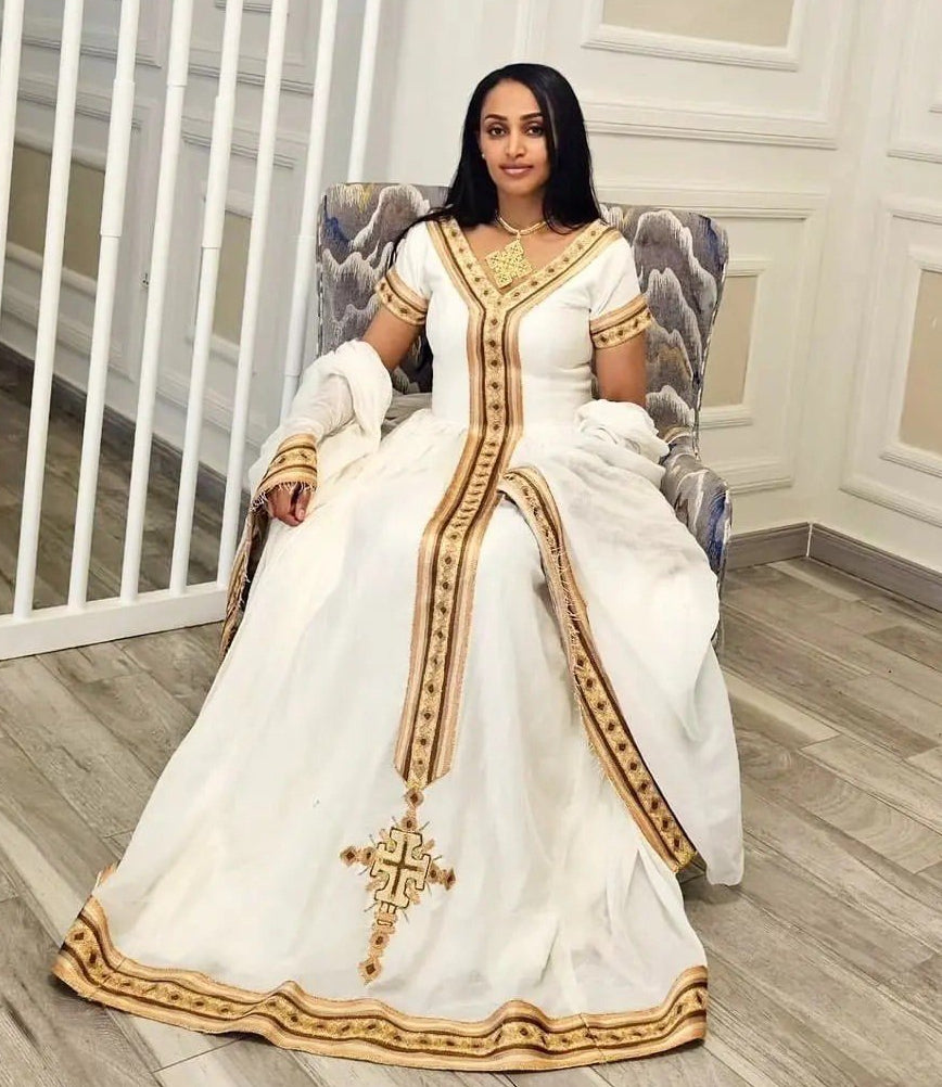 Brown and Golden Habesha Dress Elegant Habesha Kemis Modern Ethiopian Dress