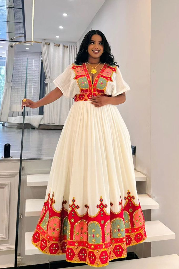 traditional beaded dress Red Exquisite Habesha Modern Habesha Kemis Ethiopian Dress Style L length African beaded dress SPRING24 Accessories For Black And Pay With:$34.00 (Silkroll Fee: $0.85)
