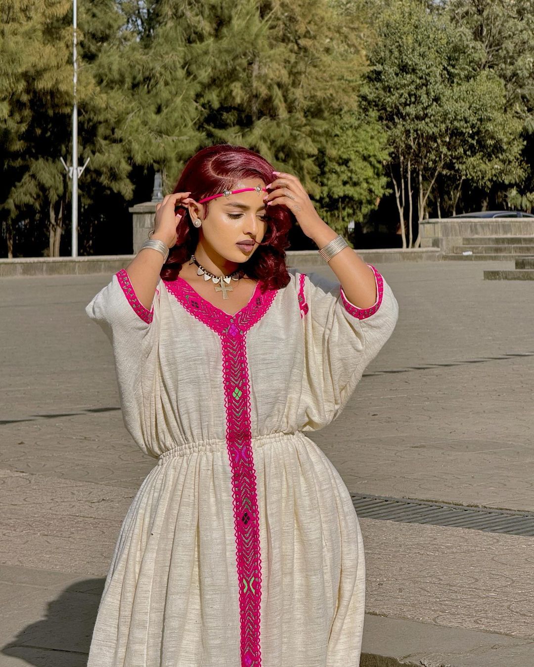 Beige Habesha Dress with Pink Design Ethiopian Dress with Fetil Material Cultural Wear
