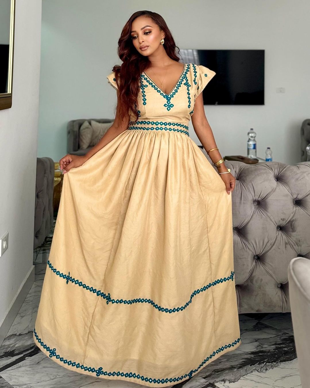 Unique Blue Design Habesha Dress Simple Ethiopian Traditional Dress XS