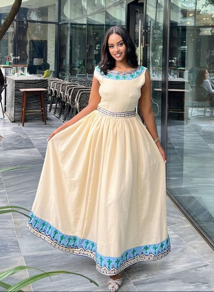 Modern Ethiopian Traditional Dress with Blue Design Elegant Habesha Dress M
