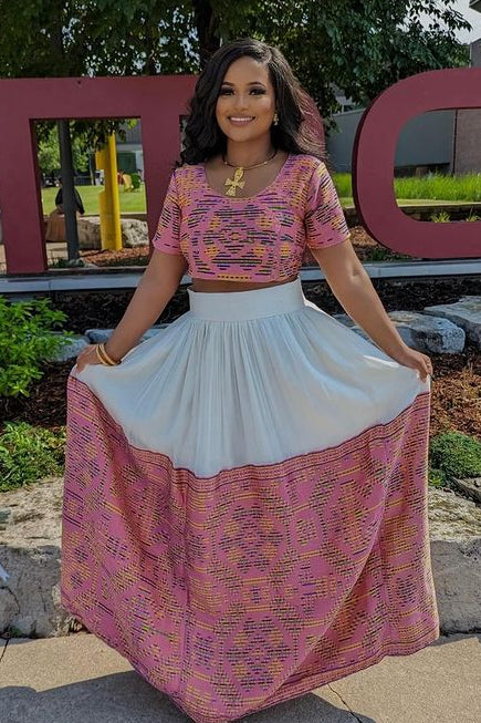 Pink Pattern Habesha Dress Crop Top and Skirt Modern Habesha Kemis