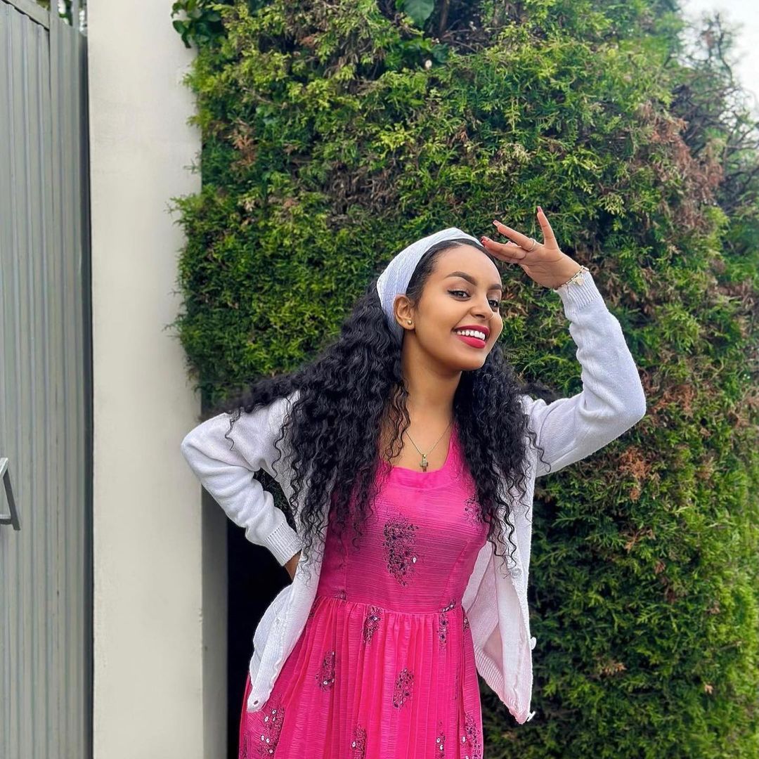Gorgeous Pink Guraghe Dress with White Sweater Traditional Gurage Cultural Outfit