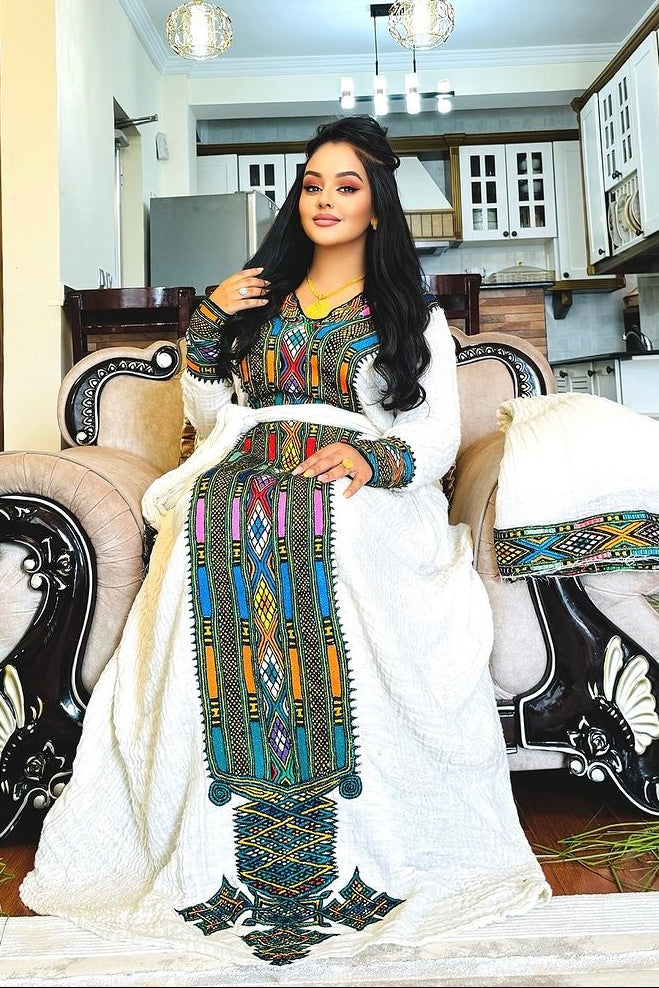 Radiant Ethiopian Traditional Dress With Exquisite Handwoven Axumite Touch Up