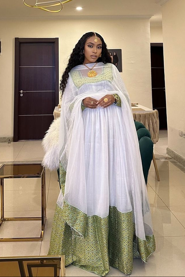 Stylish Light Green Casual Traditional Ethiopian Dress with Modern Touches XL