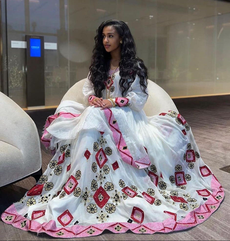 Classic Pink and Red Modern Habesha Dress: with Flowery and Diamond Embellishment Traditional Ethiopian Dress
