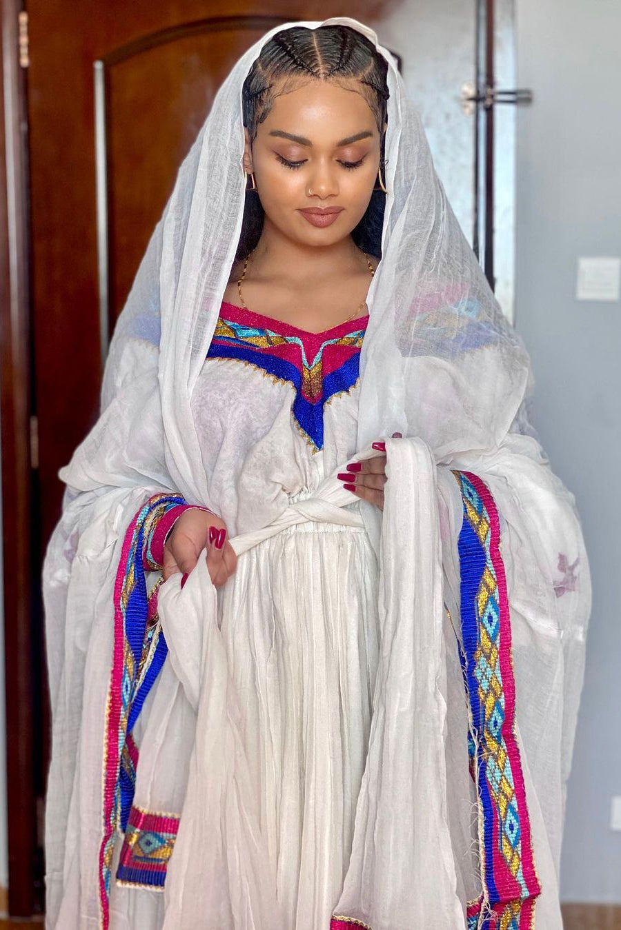 Dazzling Habesha Look with Multicolored Draping Design Ethiopian Traditional Dress