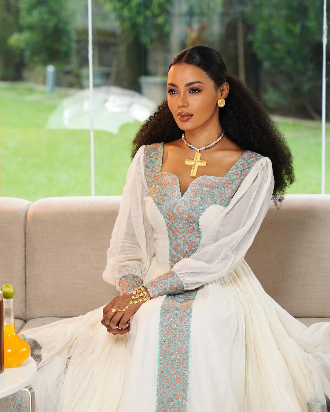 Enchanting Light Blue Habesha Dress: with Red Diamond Detailing Traditional Ethiopian Dress