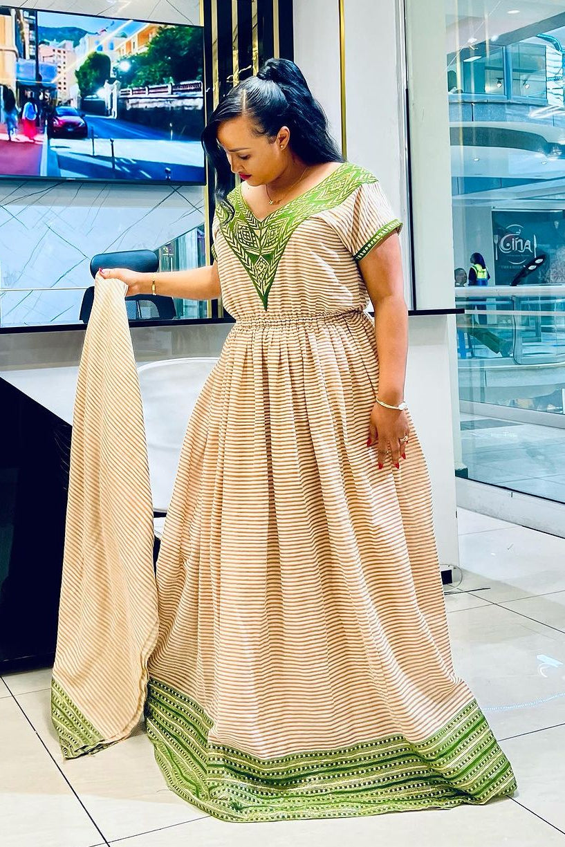 Marvelous Beige with Green Traditional Dress: with Amazing Handmade Patterns Habesha Dress S