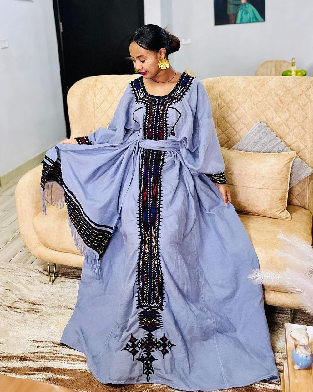 Timeless Blue Raya Ethiopian Traditional Dress: with Authentic Handmade Embroidery Habesha Dress Cultural Habesha Kemis