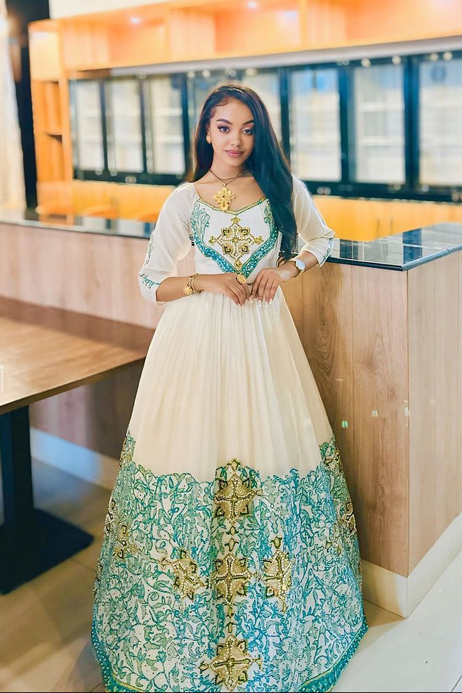 Delightful Blue Traditional Ethiopian Dress: Intricately Handcrafted Habesha Dress for Any Grand Holidays and Events Habesha Kemis