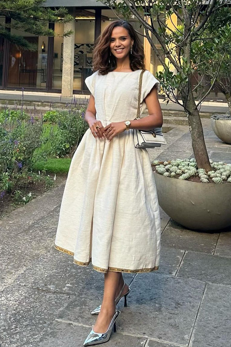 Modern Beige Traditional Ethiopian Dress: with Thin Cultural Embroidery Habesha Dress Simple Mid Eritrean Clothing S