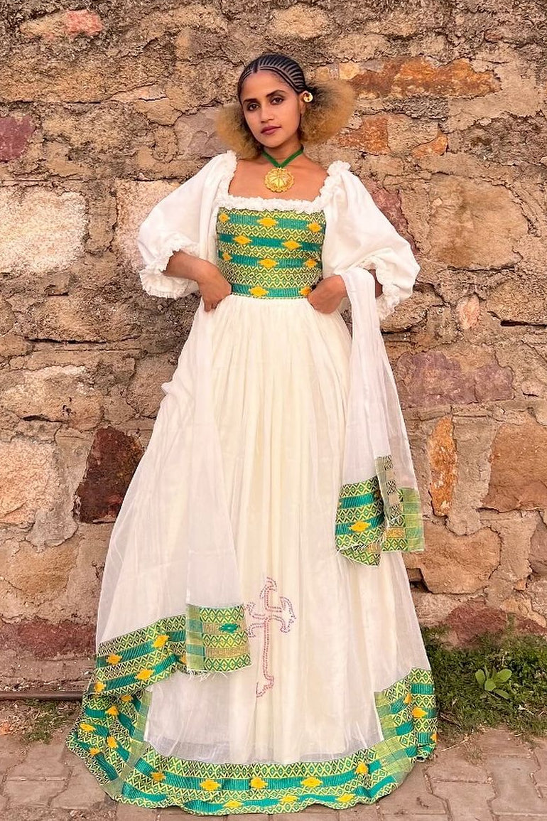 Wonderful Light Green Ethiopian Traditional Dress: Beautifully Crafted Eritrean Clothing for Cultural and Religious Celebrations Habesha Kemis