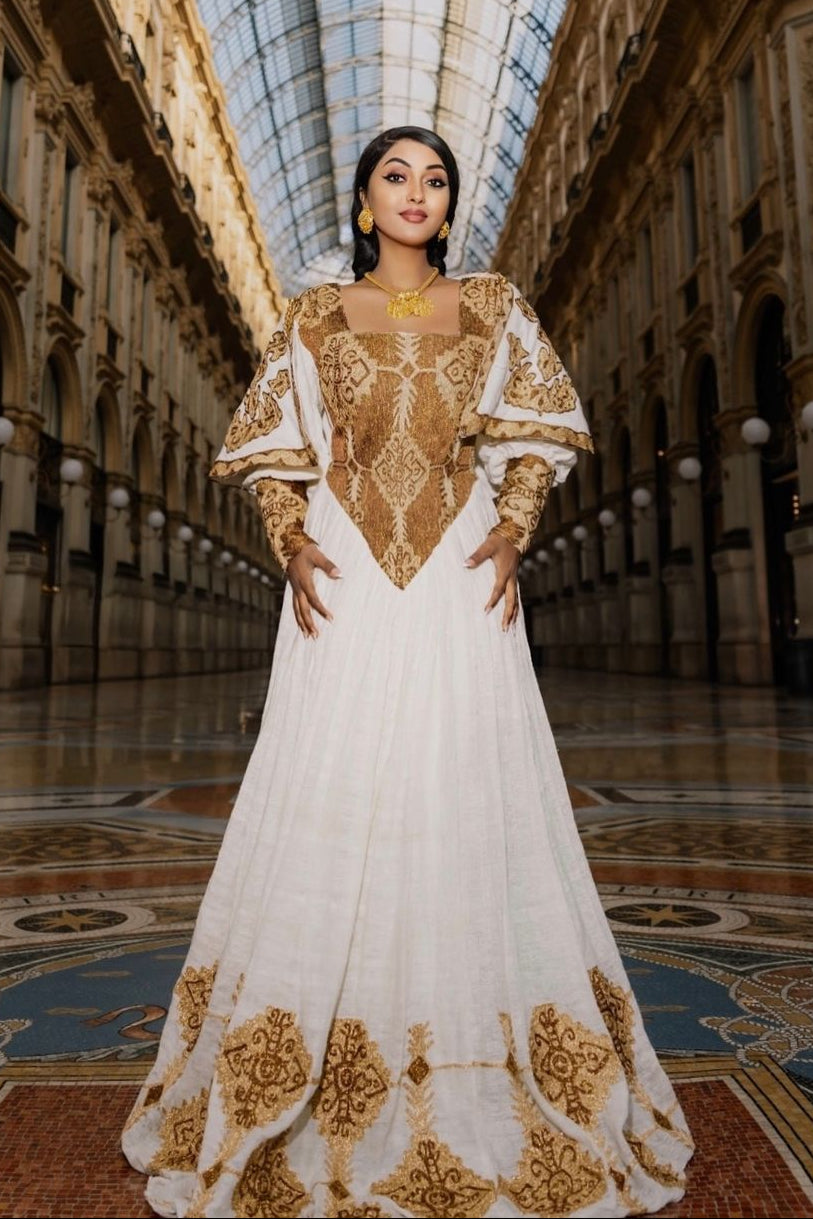 Golden Corset Traditional Ethiopian Dress: with Eye Catching Handstitched Cultural Embroidery Habesha Dress Modern Eritrean Clothing XXL